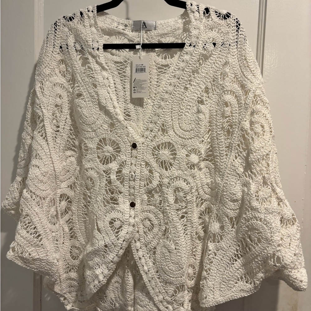 Crochet Openwork Button-Front Cardigan - White